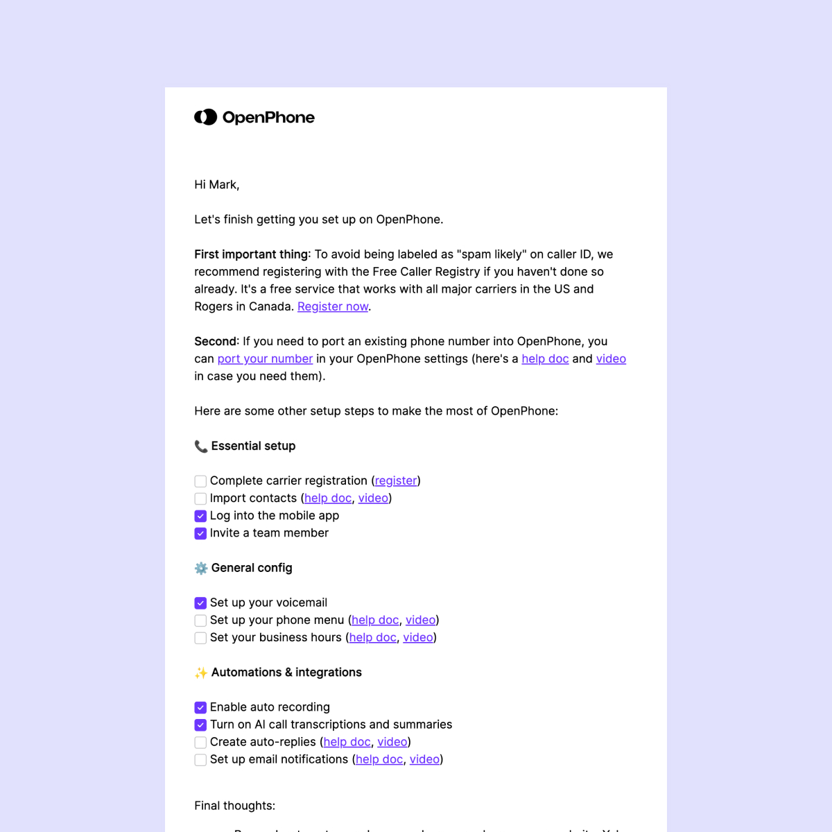 Activation Checklist email